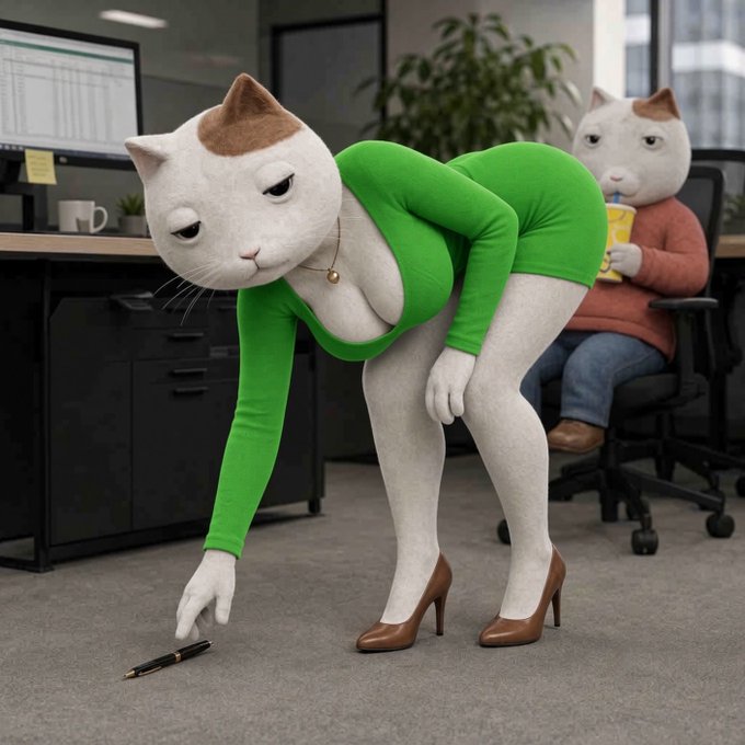 A figure in a green bodysuit with a cat head bends over to pick up a dropped pen in an office setting, while another cat-headed figure in an orange sweater drinks juice in the background—humorously illustrating someone eagerly chasing after a stock ($KET) that's going up, with the coworker calmly unbothered.