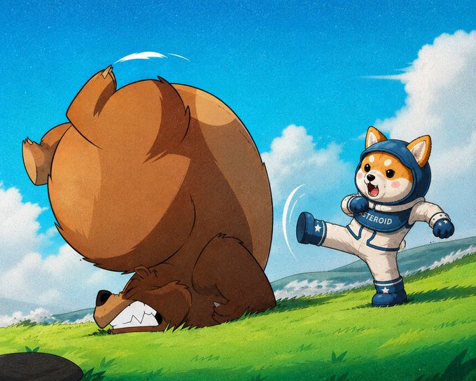 An anime-style illustration featuring a Shiba Inu dog in a blue and white spacesuit labeled 'ASTEROID' kicking a brown bear that sits on a grassy hill under a blue sky.