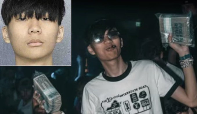 A collage of three images featuring a young Asian man with dark hair; the left and top-right images show him holding thick stacks of cash, wearing sunglasses and a white graphic t-shirt in the main image.