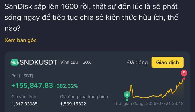 Vietnamese-language crypto trading screenshot showing SNDKUSDT (Vĩnh cửu, 20X) with PnL of +155,847.83 (+382.32%), order price 1,317.33085, average close 1,569.15322, and a price chart dated 2026-07-21.