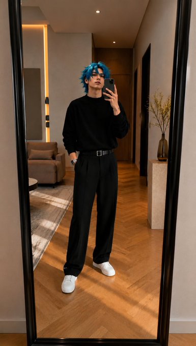 A mirror selfie of a person with blue hair wearing an all-black outfit including a black sweater and pants with white shoes, standing in a modern hallway.