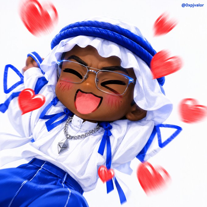 A digital avatar or emoji-style illustration of a cheerful character with dark skin, glasses, and a blue and white outfit, surrounded by red hearts, with '@0xpjvalor' in the top right corner.