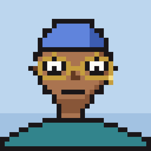 A pixel art portrait depicts a person with dark skin wearing a blue beanie, yellow-rimmed glasses, and a teal shirt against a light blue background.