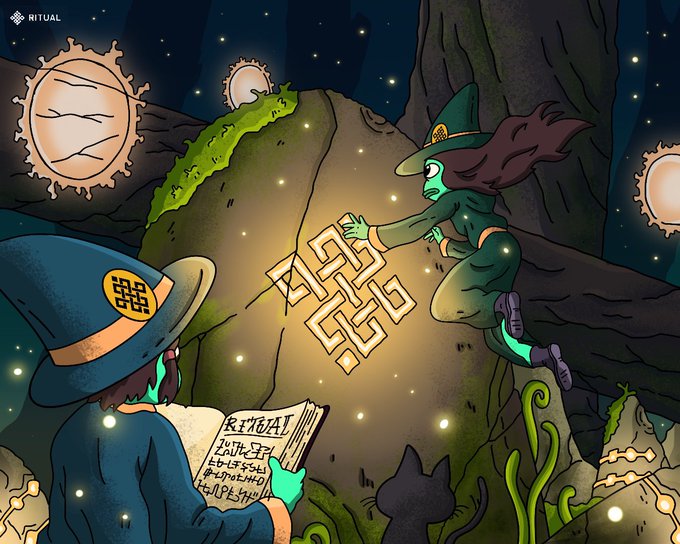 Two witches in a mystical forest—one consulting an ancient tome while the other traces glowing runic inscriptions on a moss-covered stone—evoke the esoteric, foundational nature of Ritual's mission, symbolizing the arcane infrastructure being built beneath the surface of AI. The glowing symbols, fireflies, and hidden fungi mirror Ritual's message that the true challenge lies in the unseen stack powering autonomous intelligence, not AI itself.