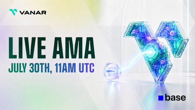 A promotional graphic announcing "Live AMA, July 30th, 11AM UTC" featuring the Vanar logo alongside a stylized "V" graphic and the "base" logo, advertising a community AMA session that will cover topics including the VANRY migration, token swap, and the move to Base.