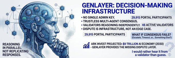 The image presents a slide titled "GENLAYER: DECISION-MAKING INFRASTRUCTURE," featuring a stylized blue robotic head and key claims like "NO SINGLE ADMIN KEY," "TRUSTLESS MULTI-AGENT CONSENSUS," and "29,915 PORTAL PARTICIPANTS," alongside a quote from the post's author: "I would rather hear it from a validator than guess." The post connects to the slide's central message—highlighting GenLayer's design choice to distribute decision-making across multiple AI agents rather than relying on a single admin key, reinforcing the author's point that trustless systems shouldn't quietly fall back on centralized control when disputes arise.