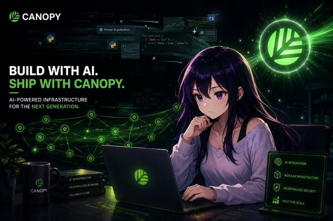 An anime-style promotional graphic for "CANOPY" featuring a purple-haired girl at a laptop, with the tagline "BUILD WITH AI. SHIP WITH CANOPY." and listed features like AI Infrastructure and Decentralized Security.