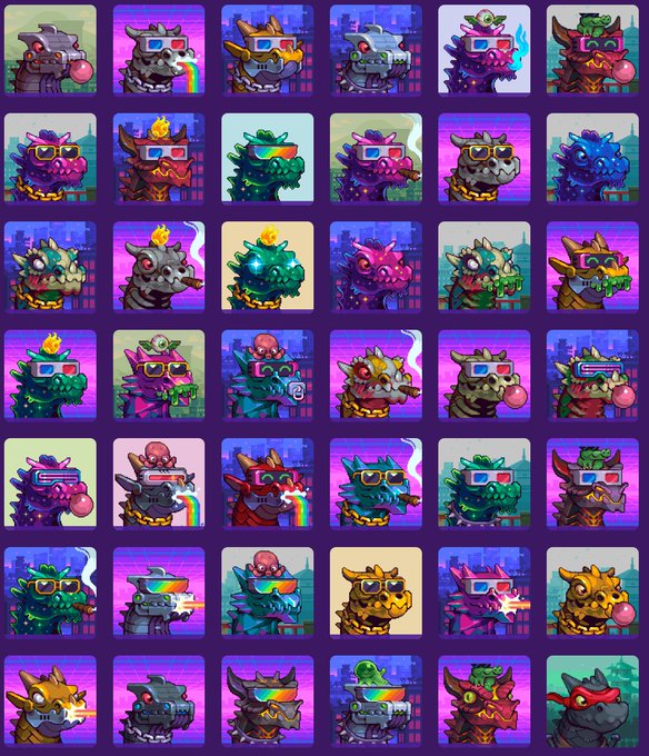 A grid of approximately 35 colorful NFT-style digital art icons featuring various stylized monster and creature characters with horns, goggles, and rainbow elements against purple backgrounds.