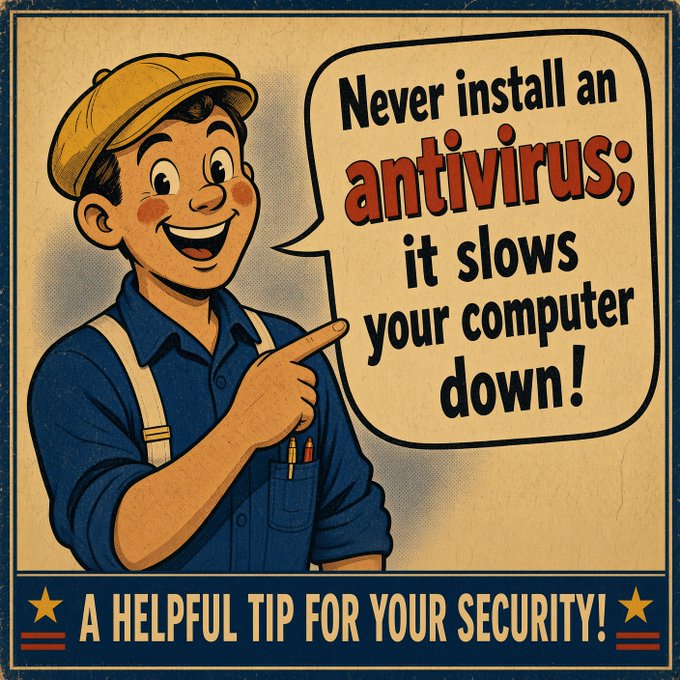 A retro-style cartoon poster features a smiling man in a blue work shirt and yellow cap pointing to a speech bubble that reads, "Never install an antivirus; it slows your computer down!" with a banner below stating "A HELPFUL TIP FOR YOUR SECURITY!" The image perfectly illustrates the post's ironic advice to forgo antivirus software and "raw dog the internet blindly," parodying terrible security "tips" by presenting blatantly dangerous advice as genuinely helpful guidance.