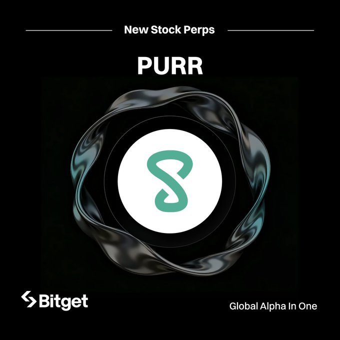 A Bitget promotional graphic for new Stock Perps featuring the ticker 'PURR' with a stylized 3D logo design and the tagline 'Global Alpha In One.'