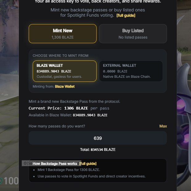 Screenshot of a digital wallet interface for minting Backstage Passes at 1,306 BLAZE each, with 639 passes selected for a total of 834,534 BLAZE.