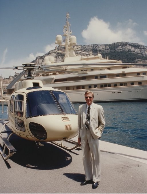 A man in a cream suit and sunglasses stands confidently between a beige helicopter and a massive luxury yacht docked at a sunny marina.