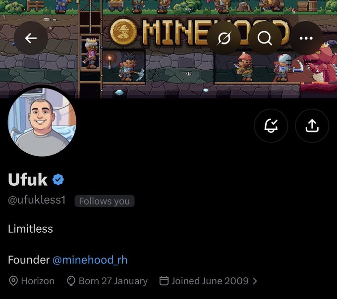 A Twitter/X profile page for user 'Ufuk' (@ufukless1), a verified account with the bio 'Limitless' and 'Founder @minehood_rh', set against a pixel-art mining game banner.