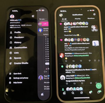 Two smartphones are displayed side-by-side, with the left showing an Instagram profile for "H0ld.sats" (5,124 posts, 5,448 followers, 448 following) and the right showing notifications mentioning "H0ld is Growth Strategist" and "Julius BOTH" congratulating on the MyOTC team linkup, directly corresponding to the post's mention of connecting with H0ld and the MyOTC team in real life.
