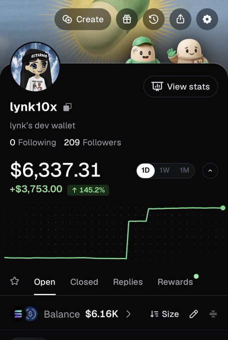 A mobile screenshot of user "lynk10x"'s dev wallet profile showing a balance of $6,337.31 with a 145.2% gain ($3,753.00) over 1D, with the post announcing the return of their Solana dev wallet dedicated to developing narratives without endorsement.