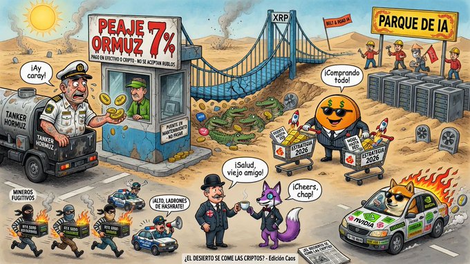 A satirical cartoon illustration with Spanish text including "PEAJE ORMUZ 7%", "XRP", "PARQUE DE IA", and "BITA & ROBLE", depicting cryptocurrency-themed characters, a toll booth, miners, and various memes in a desert setting.