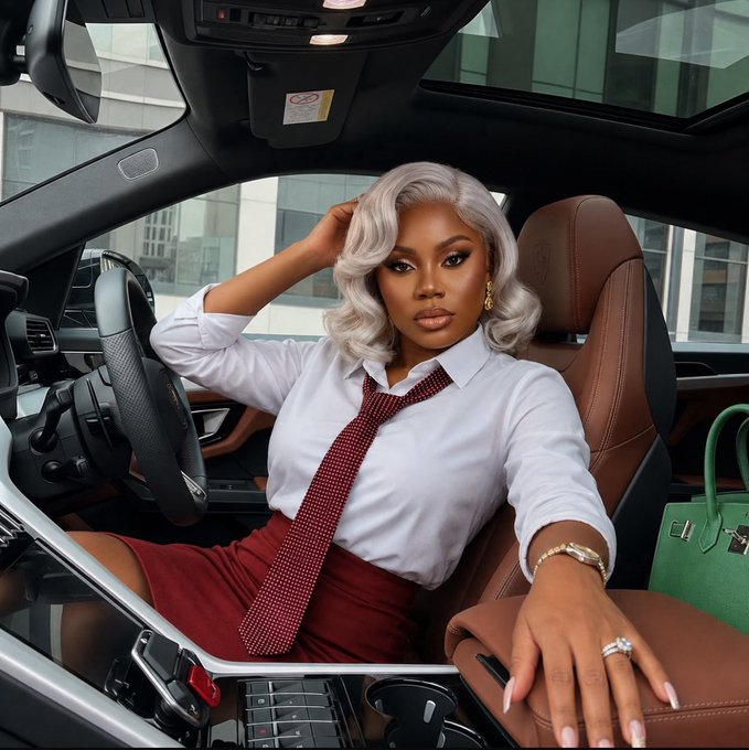 A stylish woman with silver hair wearing a white shirt and red tie sits in the driver's seat of a luxury car, with a green handbag beside her.