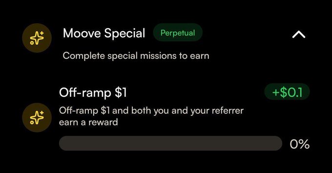 A dark-themed app interface showing a 'Moove Special' mission labeled 'Perpetual' for completing special missions to earn rewards.