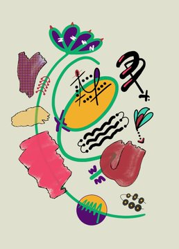 A vibrant, abstract digital artwork featuring colorful organic shapes including what appears to be a butterfly, a tulip-like flower, wavy lines, and various geometric forms arranged in a circular composition, likely representing the "Abstract bloom" collaborative piece with @livingartist that has 17 of 20 editions sold at 10 tezos.