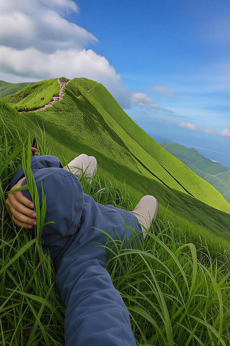Stylized digital illustration or 3D render of a person lying on a grassy hillside, gazing out toward distant mountains and a coastline under a blue sky with scattered clouds.