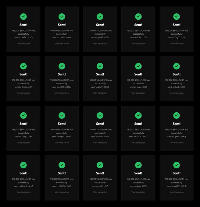 A grid of 20 identical "Sent!" confirmation notifications, each showing 150,000 $BULLPURR tokens were successfully distributed to various Solana addresses, visually documenting the completion of the airdrop claim process outlined in the post.