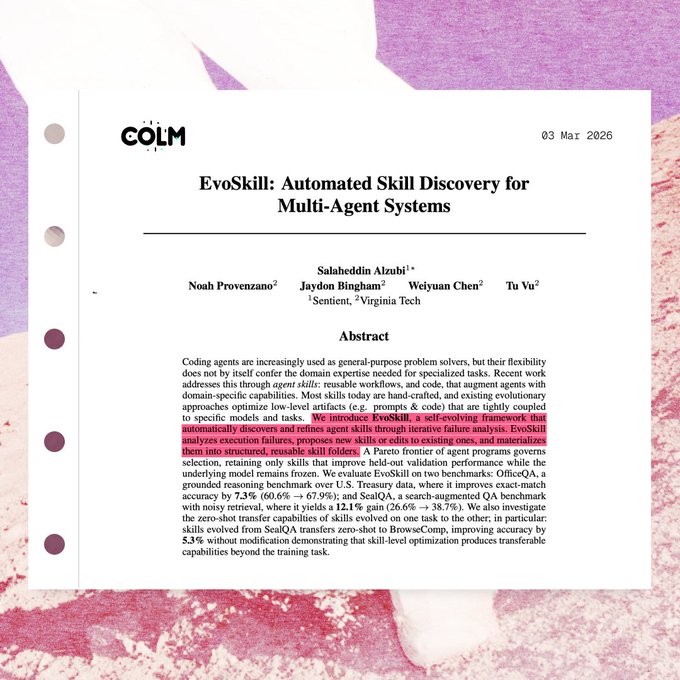 The abstract page of a research paper titled 'EvoSkill: Automated Skill Discovery for Multi-Agent Systems' by Salaheddin Alzubi and others, dated 03 Mar 2026, with key sentences highlighted in red.