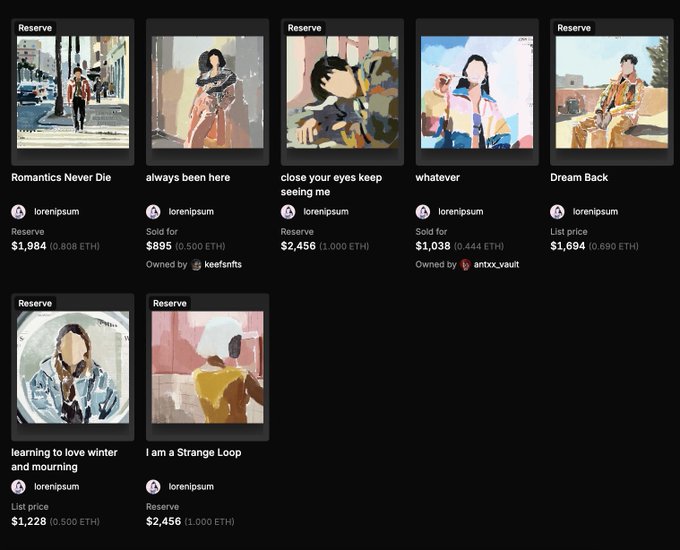 The image displays a SuperRare marketplace gallery showing seven digital artworks from "lorenipsum," including pieces titled "Romantics Never Die" ($1,984 / 0.808 ETH), "always been here" (sold for $895 / 0.500 ETH), "close your eyes keep seeing me" ($2,456 / 1.000 ETH), "whatever" (sold for $1,038 / 0.444 ETH), "Dream Back" ($1,694 / 0.690 ETH), "learning to love winter and mourning" ($1,228 / 0.500 ETH), and "I am a Strange Loop" ($2,456 / 1.000 ETH), with several marked "Reserve" and others owned by "keefsnfts" or "antx_vault."

This collection visually represents the "Eternal Loops Inc." series referenced in the post, showcasing lorenipsum's signature portrait-style NFT artworks available for sale