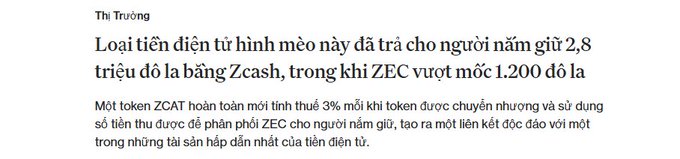 A Vietnamese news article from 'Thị Trường' discussing how a new memecoin has paid holders $2.8 million through Zcash, while ZEC exceeds $1,200.