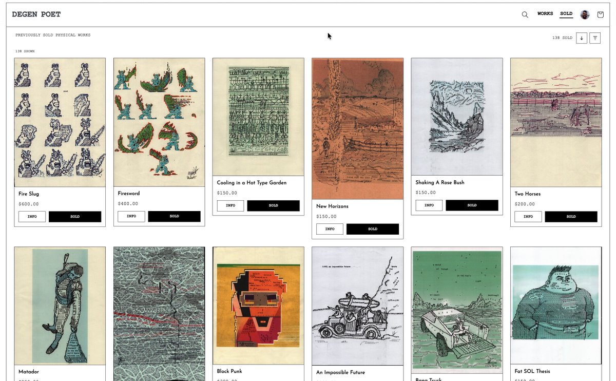 The image shows a computer screen displaying an online store page for artwork. There are twelve different artworks available for sale, including paintings and drawings. The website offers a variety of options, catering to diverse tastes and preferences. The post about blockchain ruined their lives is unrelated to the artwork on display and does not have any connection to the image or its content.
