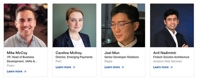 The image displays four professional headshots of speakers at Ripple Swell 2026, featuring Mike McCoy (VP, Head of Business Development, VARs & Partners at Fiserv), Caroline McIlroy (Director, Emerging Payments at PwC), Joel Mun (Senior Developer Relations at Ripple), and Anil Nadiminti (Fintech Solution Architecture at Amazon Web Services), directly illustrating the post's point about major institutional companies attending the conference.