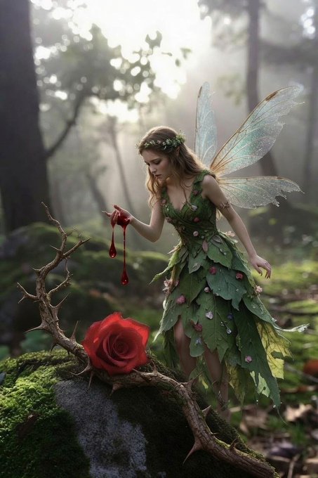 A fantasy artwork of a fairy with iridescent wings wearing a green leaf dress, standing in a misty forest and letting drops of red blood fall from her finger onto a red rose below.