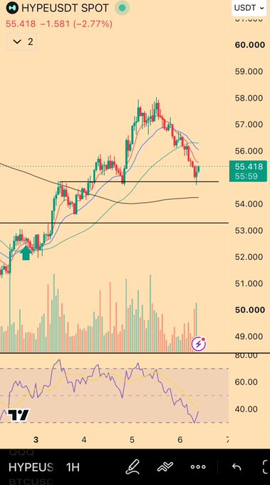The image shows a HYPE/USDT spot trading chart on a 1-hour timeframe, with the current price at 55.418 USDT, down 2.77% (-1.581). The chart displays a recent pullback after a strong rally to around 58,500, with the price now retesting the 55 support zone where a "flip" appears to be taking place—aligning with the post's mention of re-entering on this flip back to support.