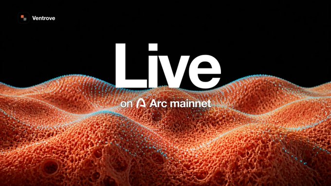 A digital graphic with the word 'Live' in large white text over an orange wavy mesh background, with 'on Arc mainnet' below and 'Ventrove' in the top left corner.