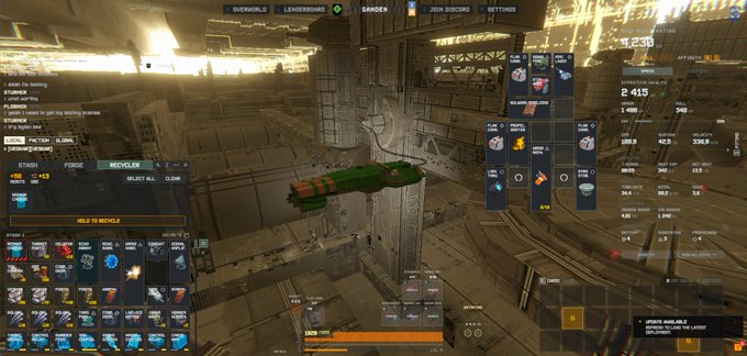 A screenshot from a sci-fi video game showing a spaceship in a futuristic city environment, with various UI elements visible including 'OVERWORLD', 'LEADERSBOARD', 'GANGER', 'JOIN DISCORD', 'SETTINGS', and inventory/recycling screens.