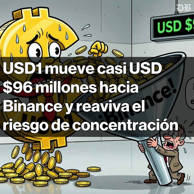 A cartoon graphic featuring a sweating Bitcoin character and a large funnel pouring coins, with Spanish text reading 'USD1 mueve casi USD $96 millones hacia Binance y reaviva el riesgo de concentración' and a 'DB' logo.