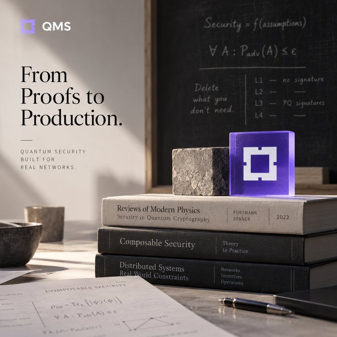 A promotional graphic for QMS features the tagline "From Proofs to Production" and "Quantum Security Built for Real Networks," showing stacked security-themed books and a chalkboard with cryptographic formulas.