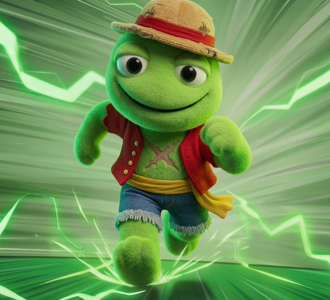 A green plush frog mascot wearing a straw hat with a red band, red vest, and denim shorts runs forward against a glowing green lightning background.