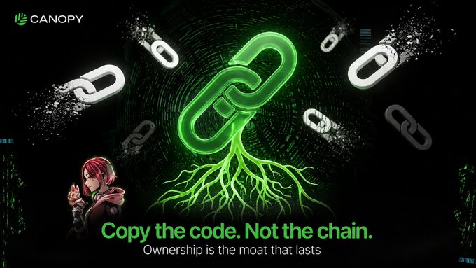 A Canopy promotional banner reads "Copy the code. Not the chain. Ownership is the moat that lasts" featuring a green neon chain link with roots and a stylized character breaking free from broken chain links.