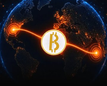 A digital illustration of Earth at night showing glowing city lights, with a Bitcoin logo in the center connected by orange lines to bright nodes on different continents, symbolizing global cryptocurrency connections.