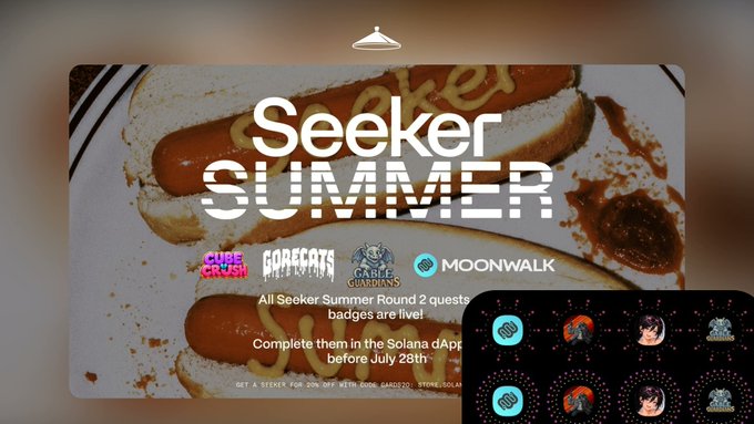 A promotional graphic for "Seeker Summer" features hot dogs in buns as the background, with text announcing that all "Round 2 quests badges are live!" and instructing users to complete them in the Solana dApp before July 28th. Partner logos for Cube Crush, Gorecats, Gable Guardians, and Moonwalk are displayed, while an inset shows app icons, reinforcing the urgency of the 48-hour deadline mentioned for completing the quest.