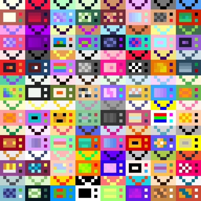A colorful grid of pixel art tiles featuring various retro-style designs, patterns, and characters in vibrant colors.