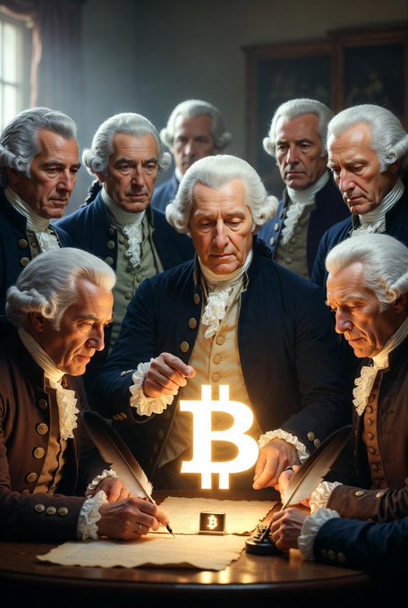 An AI-generated historical painting depicts men in powdered wigs and colonial-era clothing gathered around a table signing a document, with a glowing Bitcoin symbol in the center.