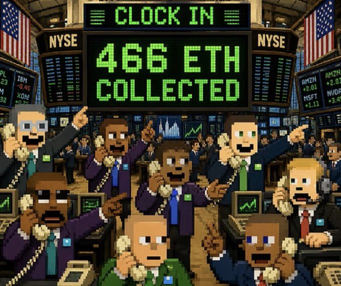 Pixel art scene depicting excited traders on the NYSE floor beneath a green digital ticker reading 'CLOCK IN 466 ETH COLLECTED.'