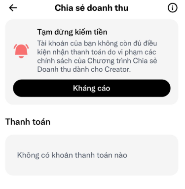 A Vietnamese mobile app screen titled 'Chia sẻ doanh thu' (Revenue Sharing) showing a suspension notice stating the creator's account has been restricted due to policy violations.