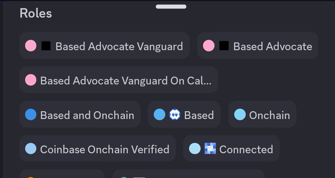 A Discord interface displays a "Roles" section showing various role badges including "Based Advocate Vanguard," "Based Advocate," "Based Advocate Vanguard On Cal...," "Based and Onchain," "Based," "Onchain," "Coinbase Onchain Verified," and "Connected." The image illustrates the user's verified status and engagement within the Base ecosystem, visually reinforcing their closing message about the community still being early and full of new opportunities.