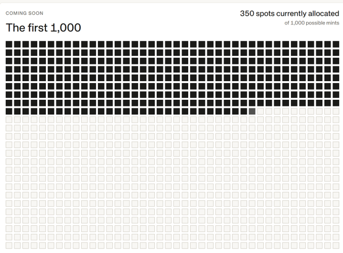 A progress tracker graphic titled 'The first 1,000' with 'COMING SOON' text, showing 350 spots currently allocated out of 1,000 possible mints via a grid of 1,000 squares, with about 350 squares filled in black.