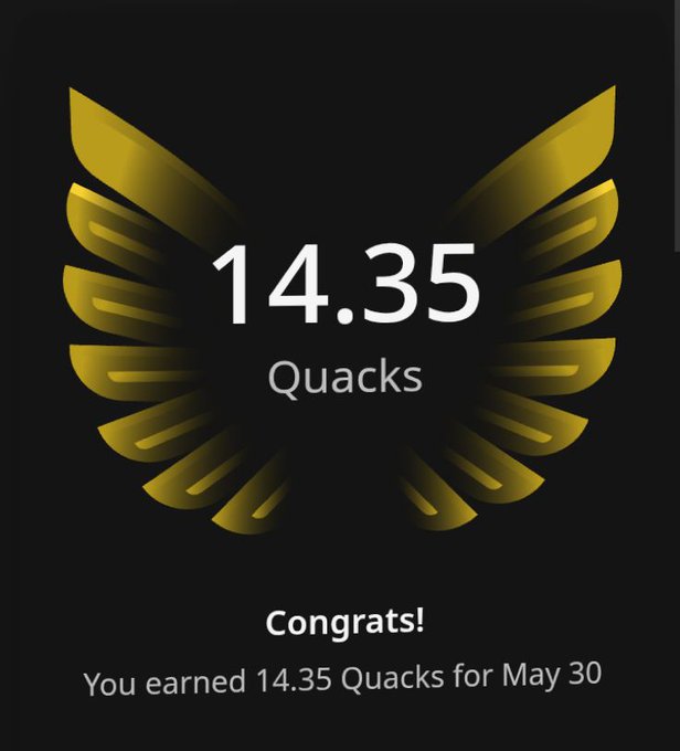 This image features a post that seems to be related to a social media platform or a news website, as indicated by the use of the hashtag #quip network. The post includes an illustration of a gold-colored eagle wing with a clock showing 14.35 Quacks on it, suggesting some sort of reward or recognition for someone's performance in the past 14.35 Quacks. The text within the post congratulates those who accomplished this feat and mentions that they were rewarded 15 Quacks from May 30.