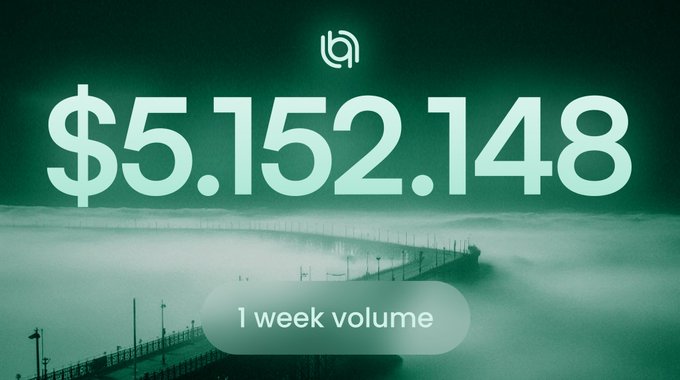 A promotional graphic displays a weekly trading volume of '$5.152.148' against a misty green bridge background, topped with a small logo.