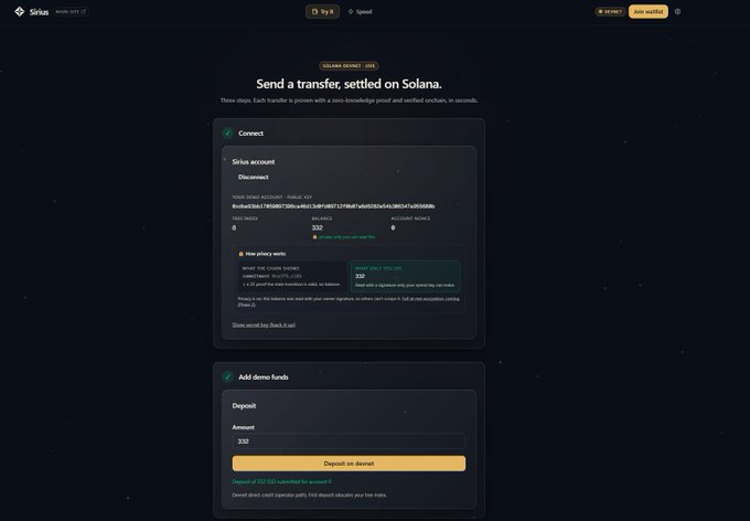 A screenshot of the 'Sirius' web app showing a Solana wallet transfer interface with options to 'Connect' and 'Add demo funds' (Deposit of $2,520 submitted for account 6).