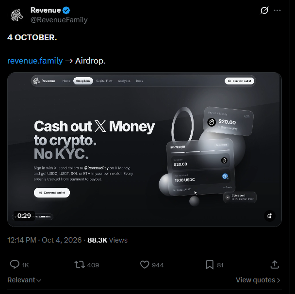 A screenshot of a verified X post by @RevenueFamily dated October 4, 2026, promoting "revenue.family → Airdrop" with a website screenshot advertising "Cash out X Money to crypto. No KYC." and asking users to sign in with X to receive USDC. The post, which has 88.3K views, is being criticized in the accompanying commentary as a likely scam that launched a rug token and now solicits users' seed phrases through a fake airdrop.